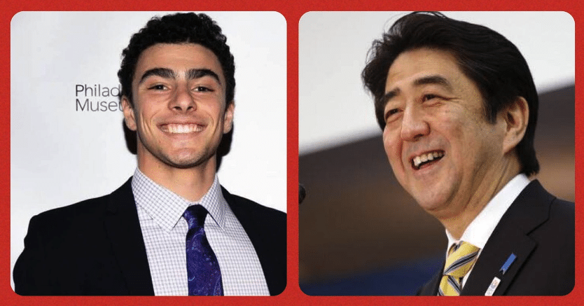 Paired images of Luigi Mangione and former Prime Minister Abe Shinzo.